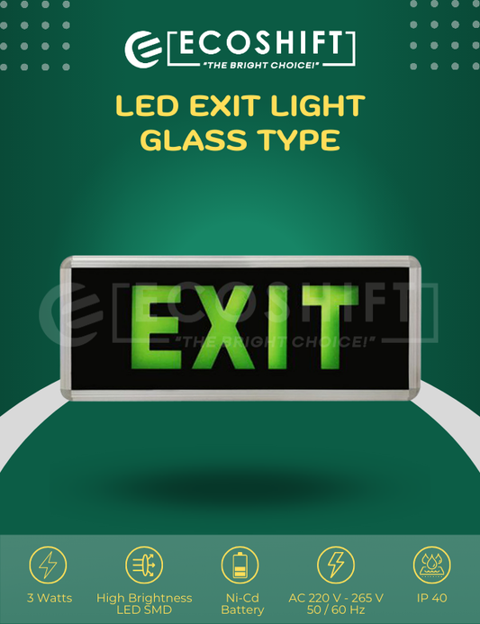 LED Exit Light Glass Black Single Face / Double Face