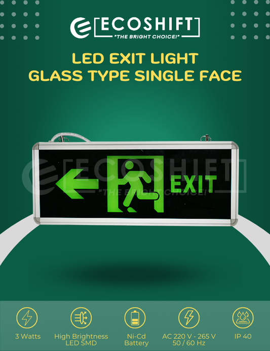 LED Exit Light Glass Left Arrow Black Single Face