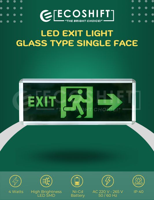LED Exit Light Glass Right Arrow Black Single Face