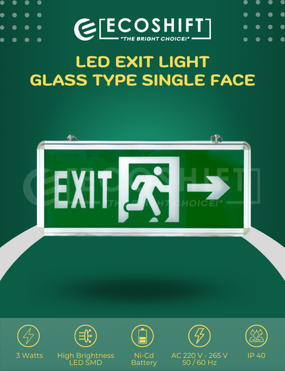 LED Exit Light Glass Right Arrow Single Face