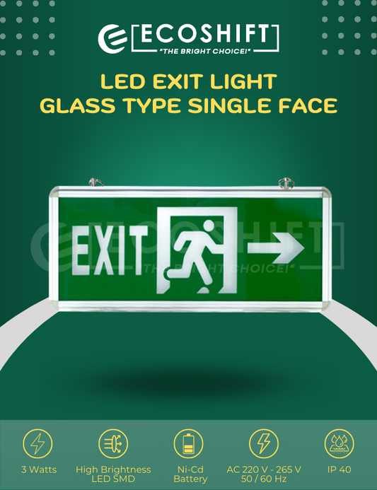 LED Exit Light Glass Right Arrow Single Face