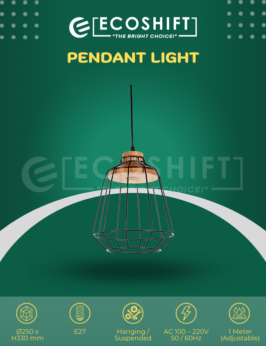 Wooden Pendant Light Metal Wire-frame Cage