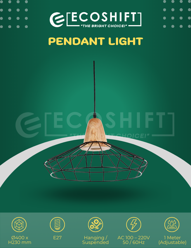 Wooden Pendant Light Wider Metal Cage